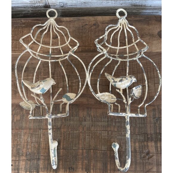 2 Rustic Metal Bird Cage Hooks Leaves Decorative Cottage Core Farmhouse Nature - Picture 3 of 9